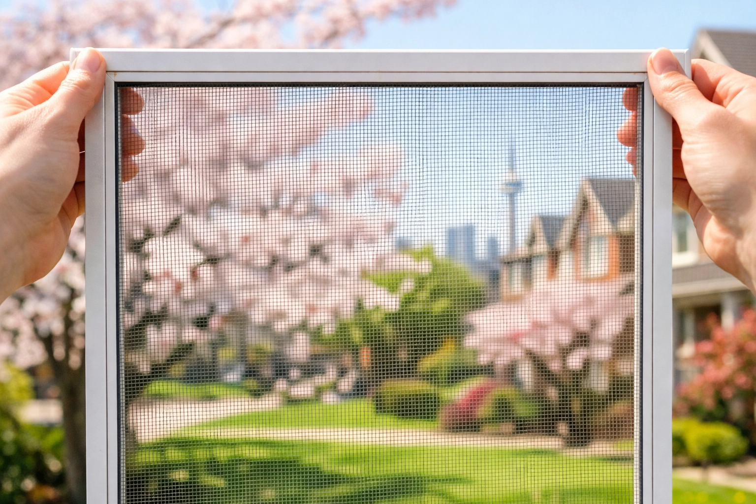 Clean window screen frame and mesh for screen door repair in a Toronto residential neighborhood.