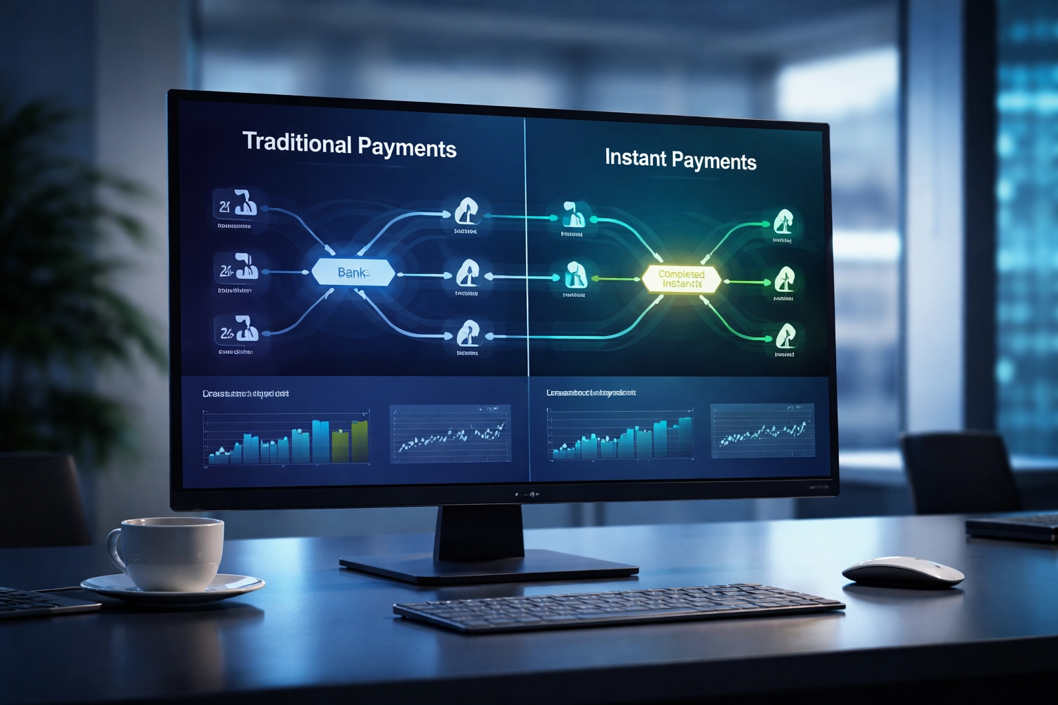 Office monitor comparing ACH and RTP transaction graphs, highlighting a hybrid cash flow strategy