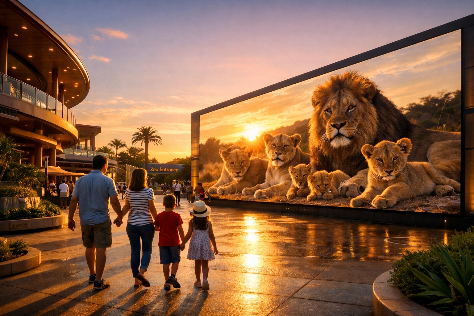 Large-scale digital media wall in a zoo plaza, illustrating an integrated brand ecosystem for media buyers and planners.