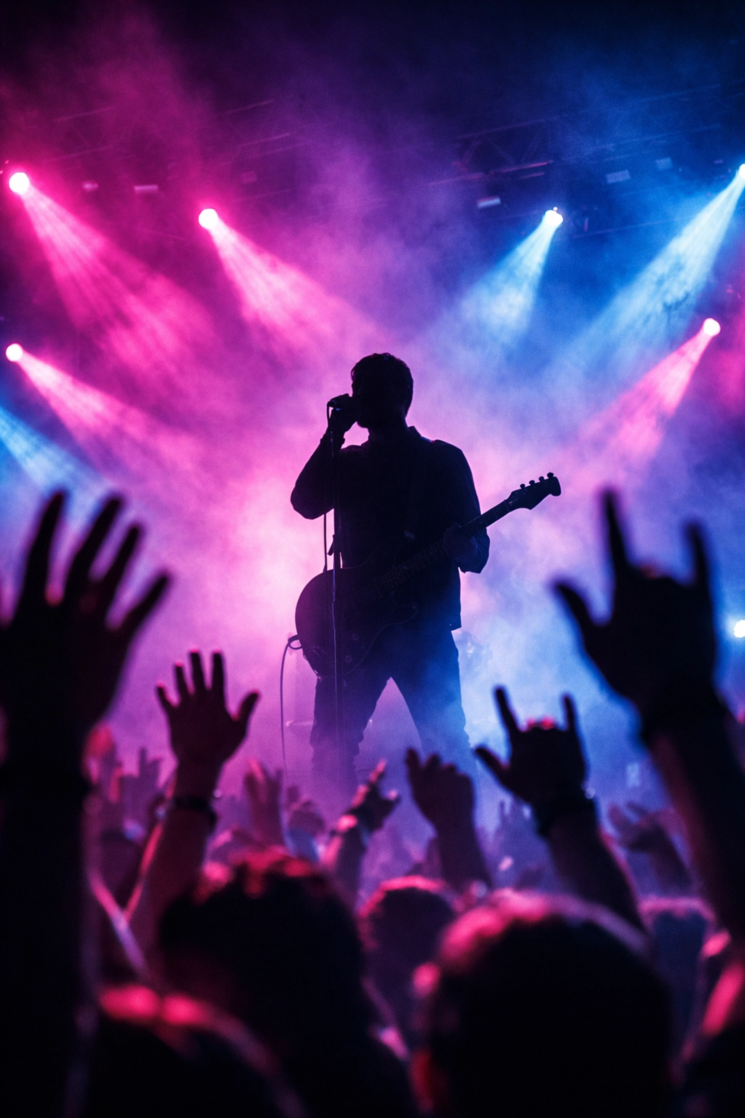 Artist performing at a high-energy live concert, illustrating successful fan connection and music marketing plans.