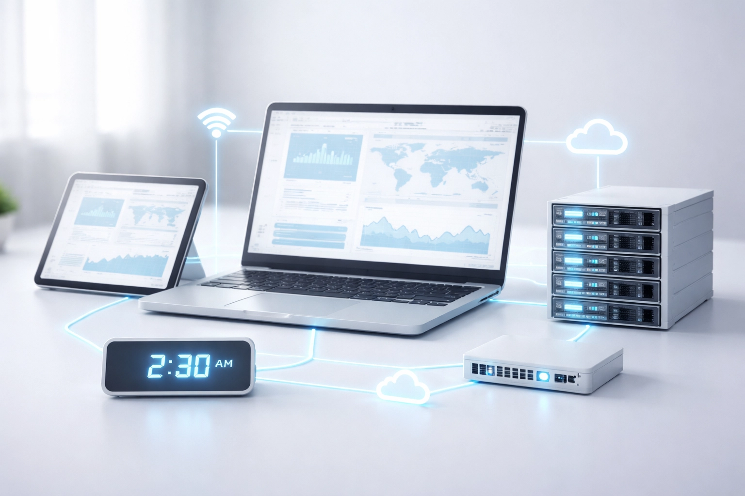 Multiple connected devices on a white desk, illustrating 24/7 managed IT support for accounting firms