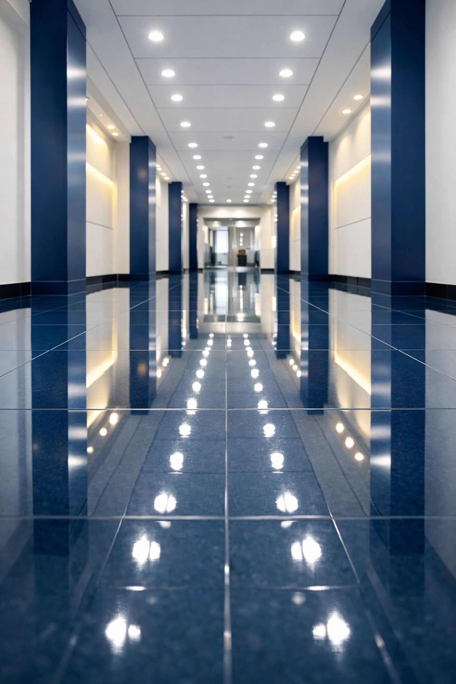 Shiny polished tile floors in a Scituate commercial hallway reflecting professional deep cleaning.
