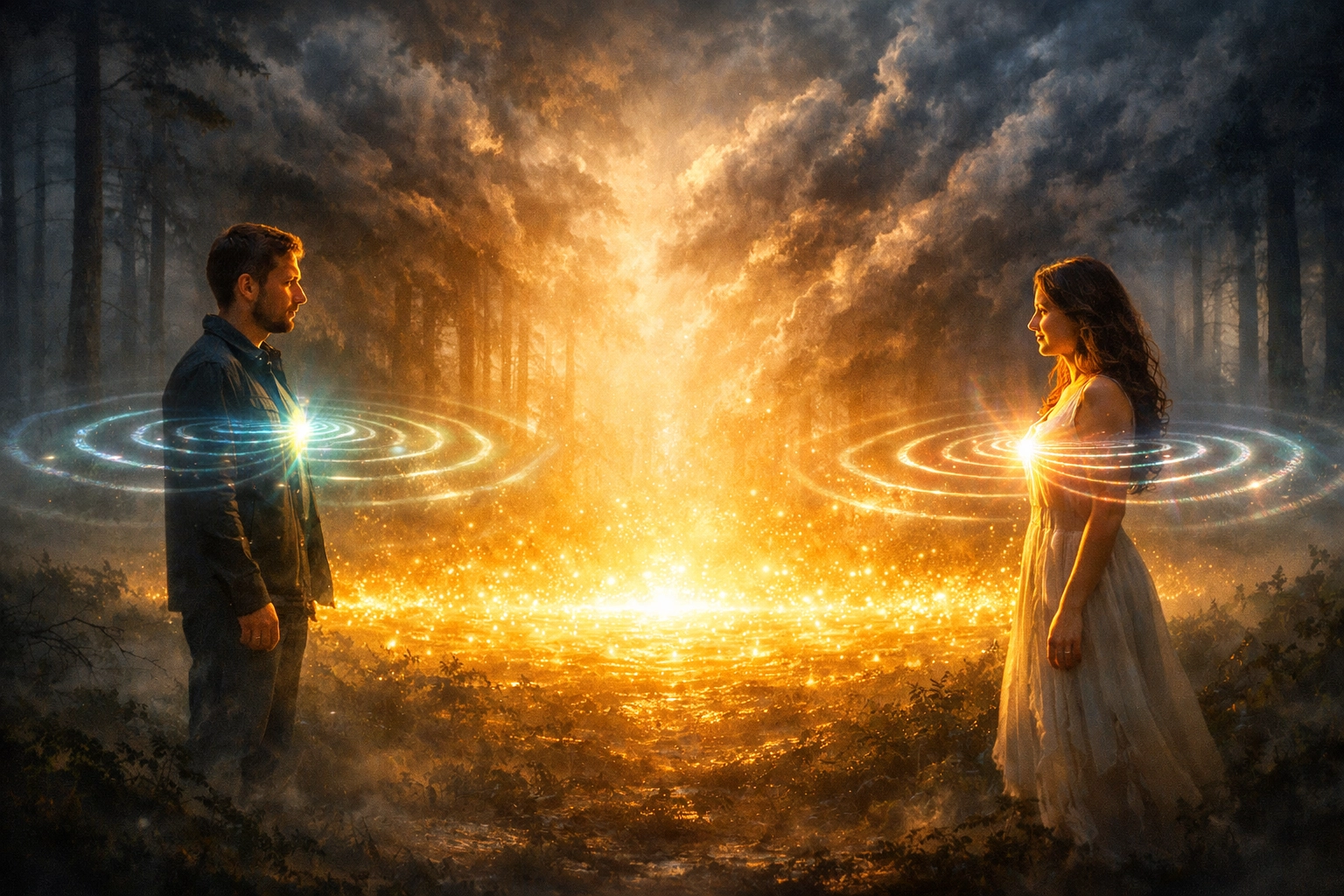 Couple in a forest with golden light showing how to be more peaceful through nervous system regulation.