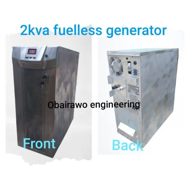 2kva-fuelless-generator-dual-view.webp Dual-view image displays the front and back of a 2kVA Obairawo fuelless generator, featuring a digital control panel and power connections.
