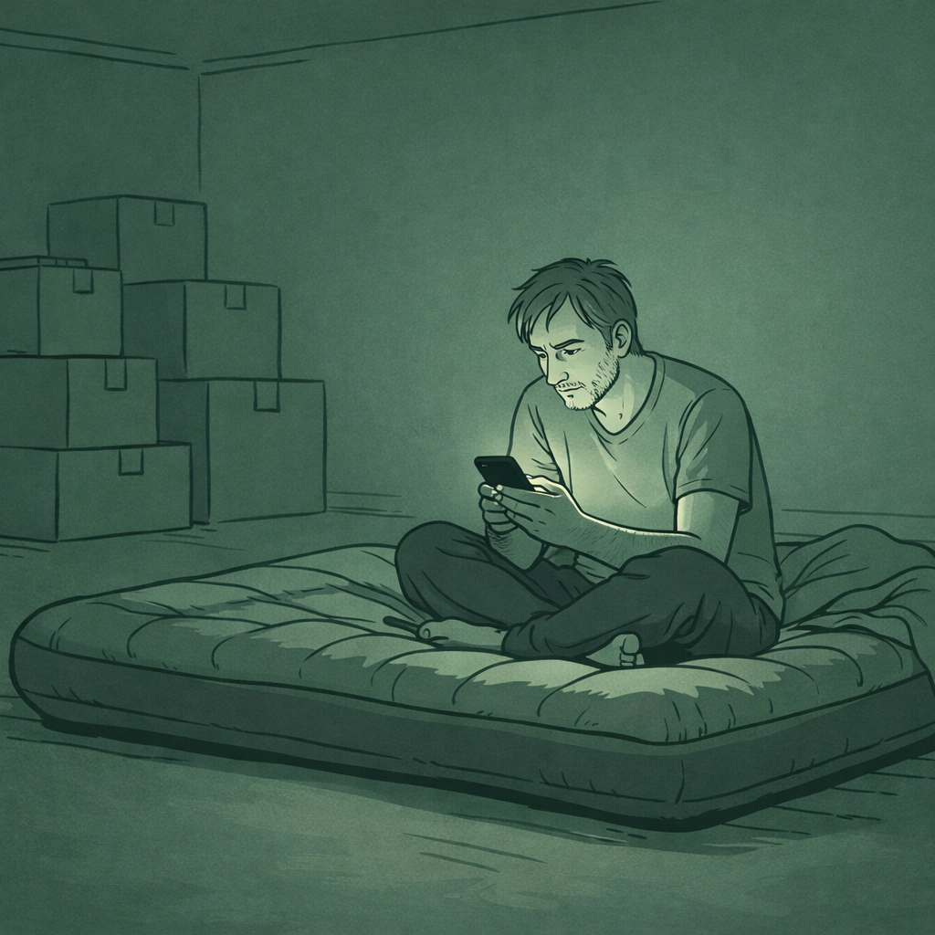 Middle-aged man alone in empty apartment after divorce following late-life coming out