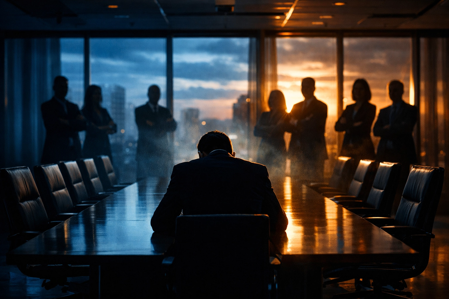 Employee isolated in corporate boardroom experiencing workplace bullying and DARVO tactics