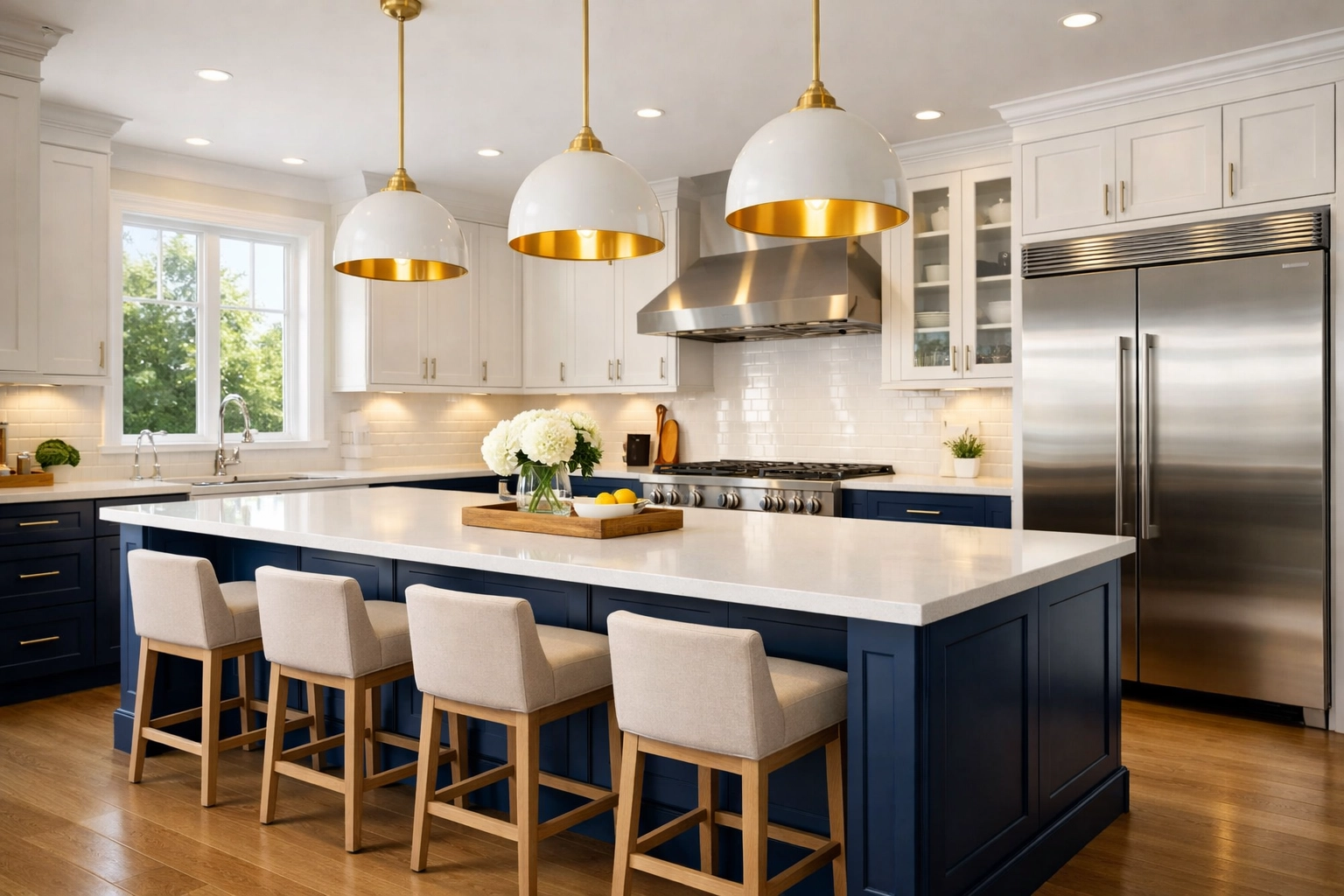 Spotless gourmet kitchen featuring sparkling appliances after a professional weekly house cleaning.