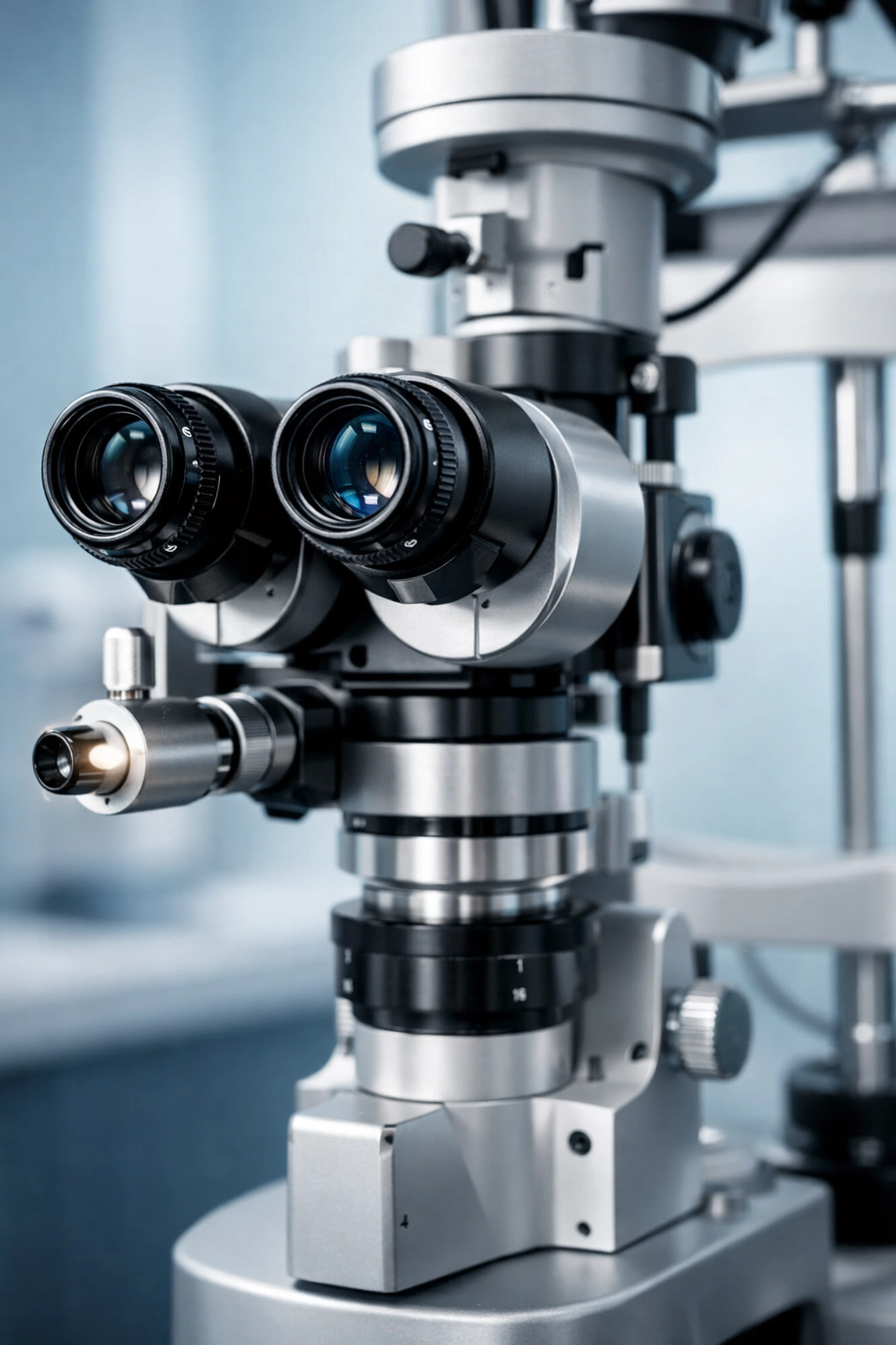 Modern slit lamp in an optometry exam room illustrating medical coding for eye care services.