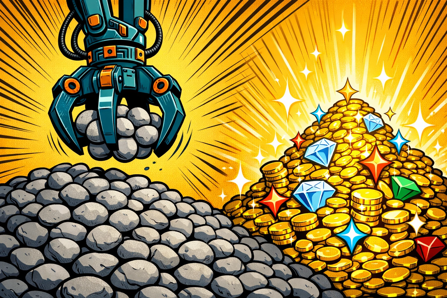 Mechanical claw picking up stones while ignoring gold, showing how AI bias in business automation hurts lead generation.