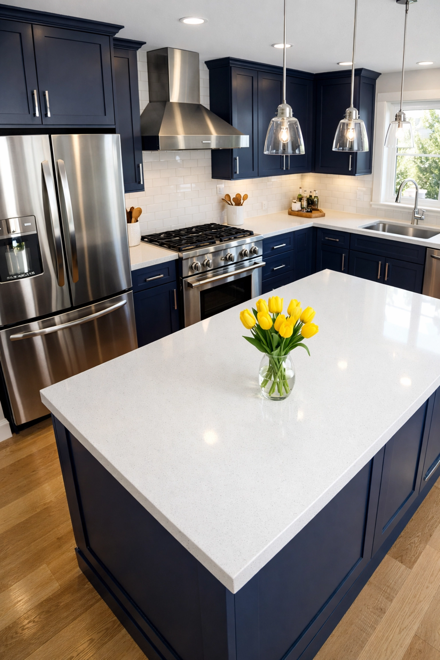 Spotless move-in ready kitchen in Burlington with polished countertops and deep blue cabinetry.