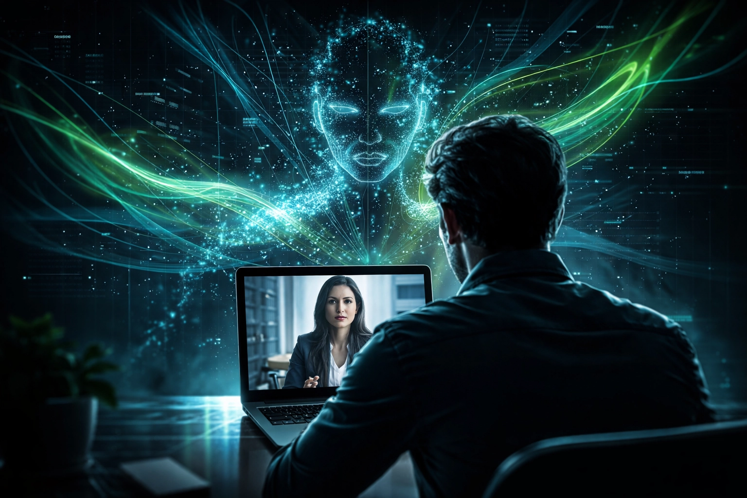 Job candidate participating in an AI video interview, analyzed by virtual intelligence to assess communication and skills.