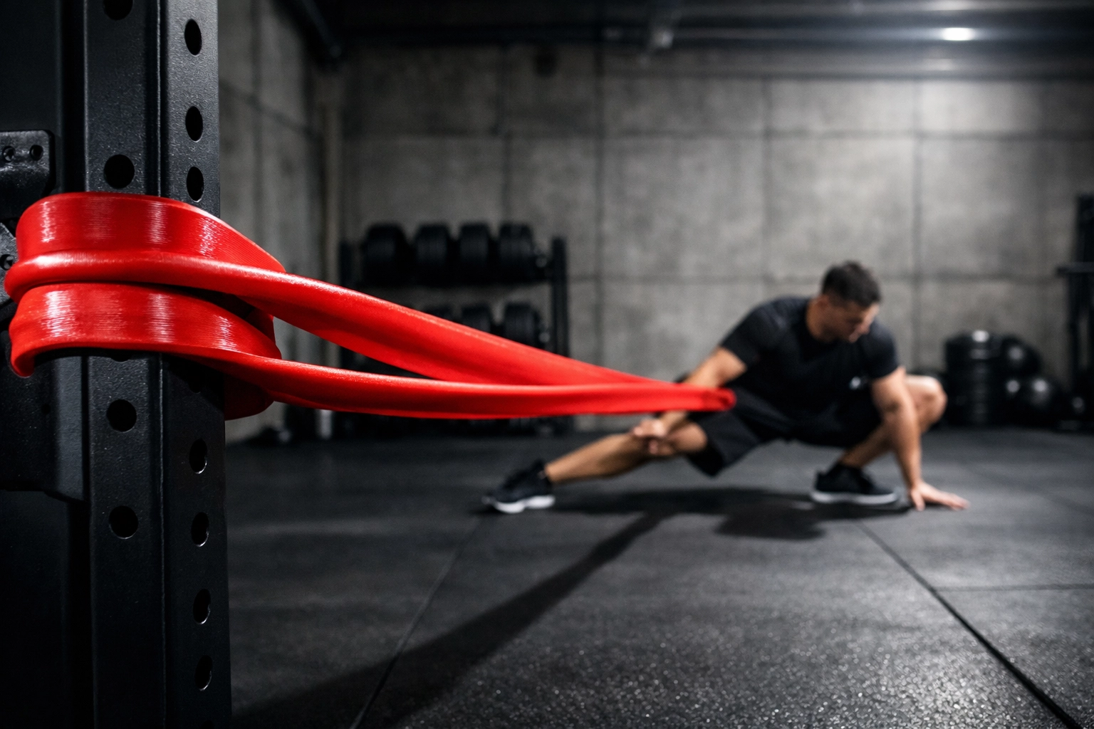 Durable red resistance band looped on a gym rack for athlete mobility and hip stretching.