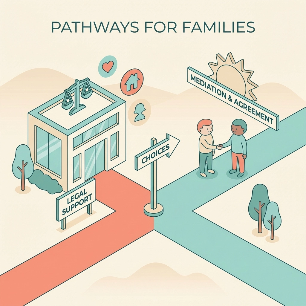 Infographic showing decision paths for parents seeking a child arrangement solicitor