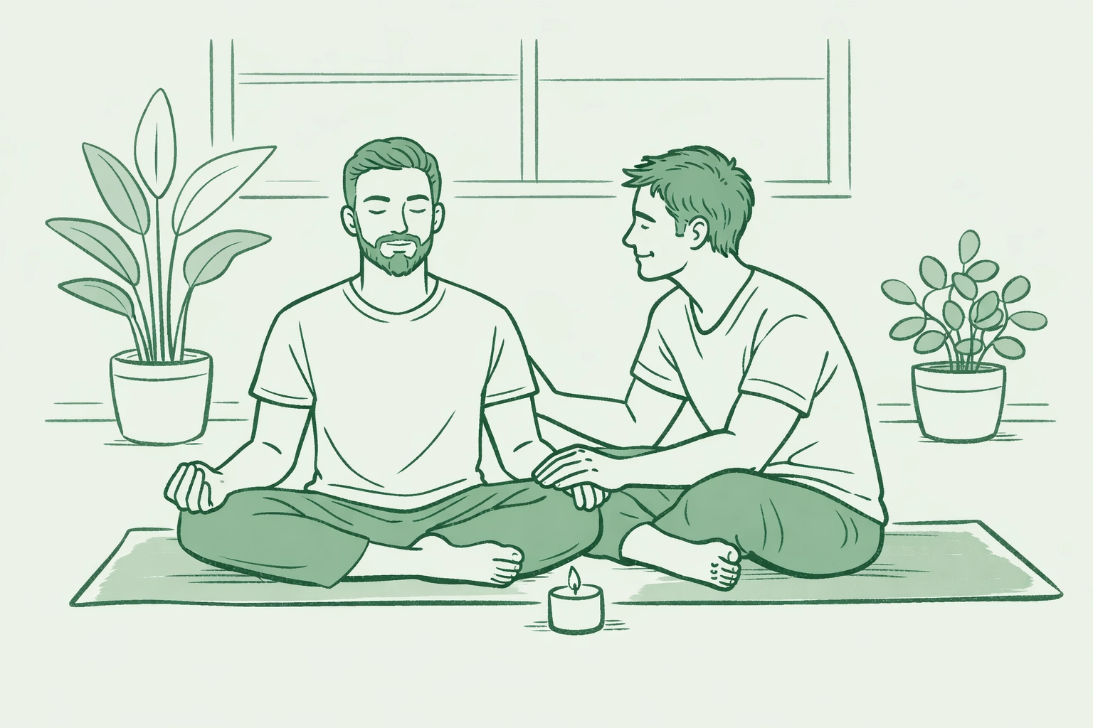 Gay men practicing mindfulness meditation at LGBTQ+ wellness workshop