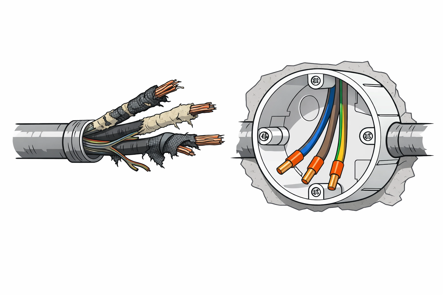 Vergleich von spröden alten Leitungen im Bergmannrohr und moderner Elektro-Sanierung im Wiener Altbau.