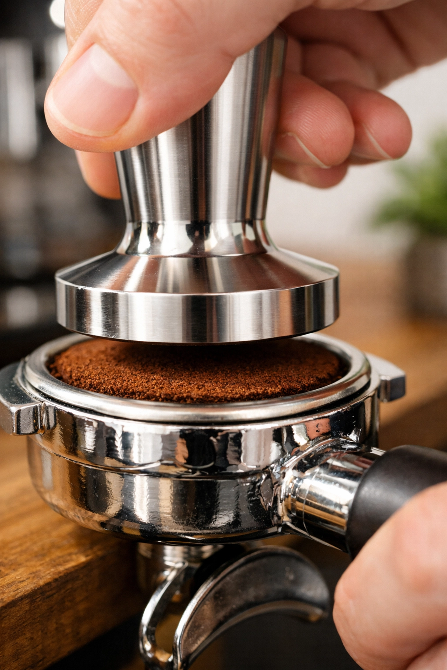 Close-up of a barista using a stainless steel tamper to create a level coffee puck in a portafilter.