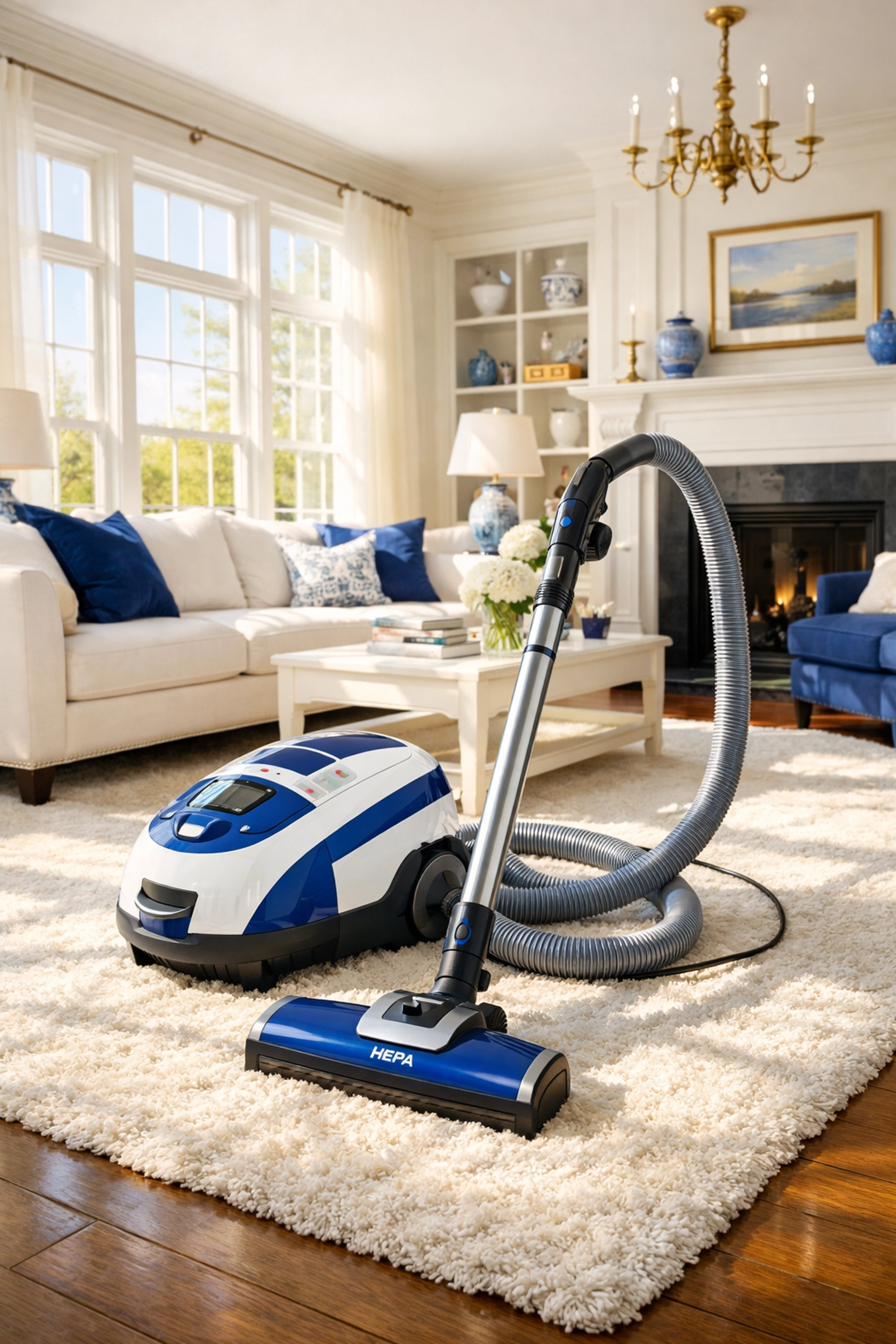 Professional house cleaning in a sunny Leominster living room using a HEPA vacuum for better air quality.