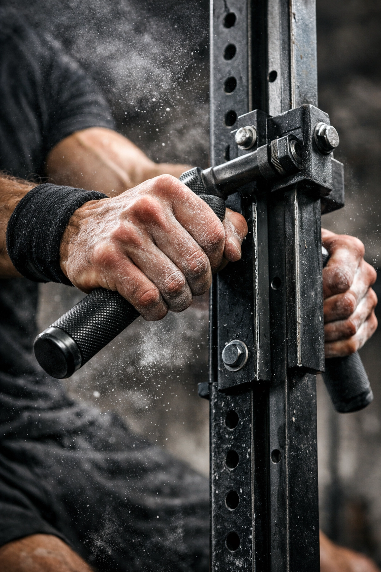 Close-up of athlete's chalked hands using heavy-duty calisthenics equipment for home training on a rail.