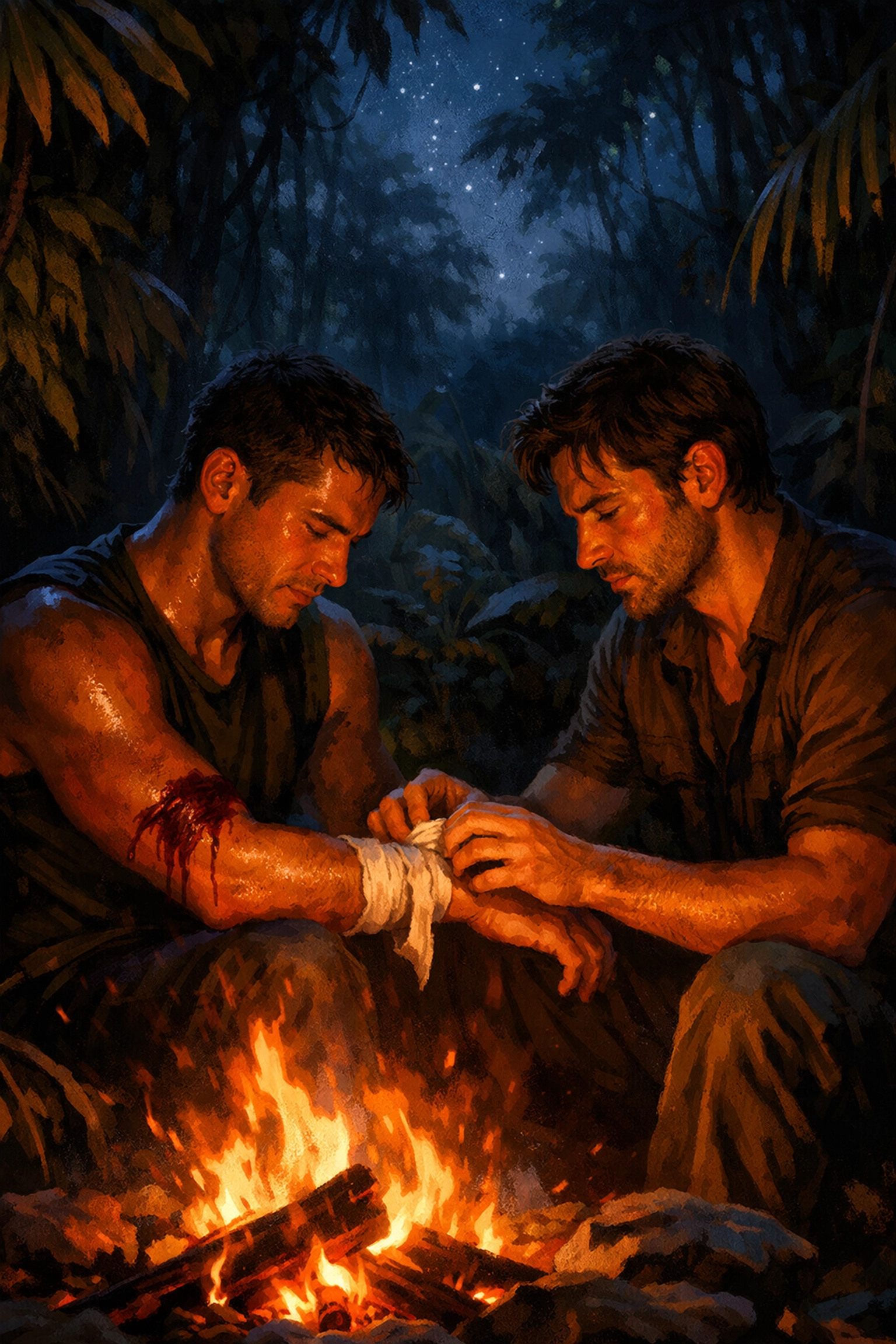 Man caring for partner by jungle campfire - gay romance hurt comfort scene