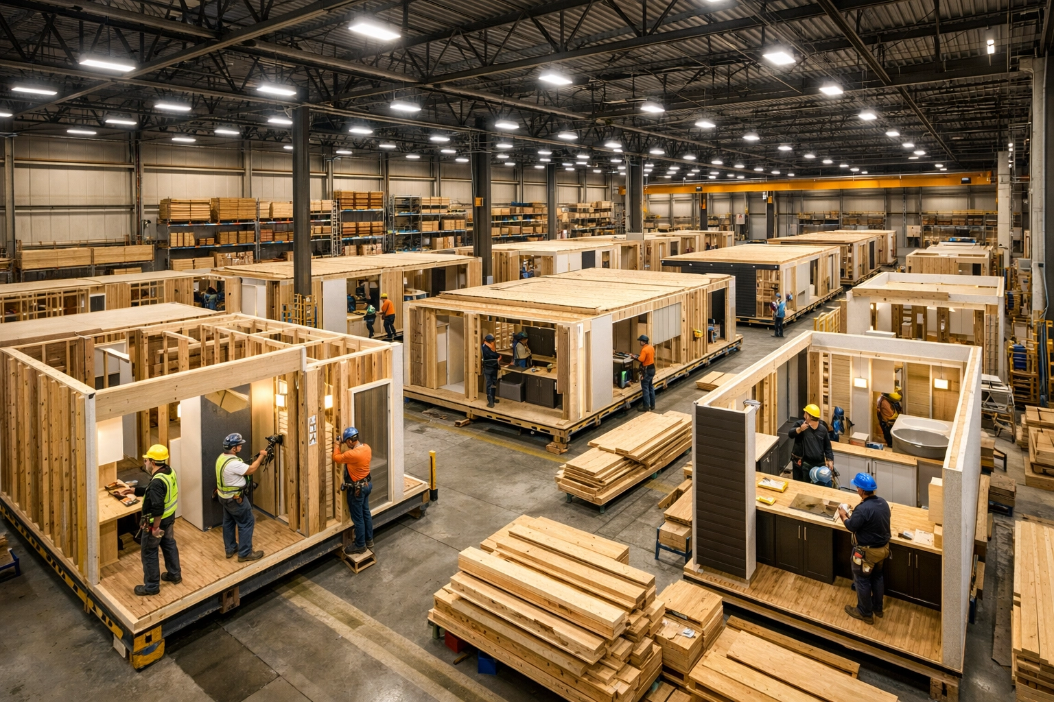Modular home factory construction showing multiple homes being built simultaneously in Australia