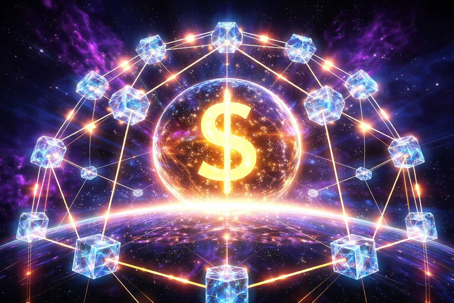 Shield of blockchain nodes around a glowing dollar symbol, representing decentralized stablecoin security for Web3 global payments