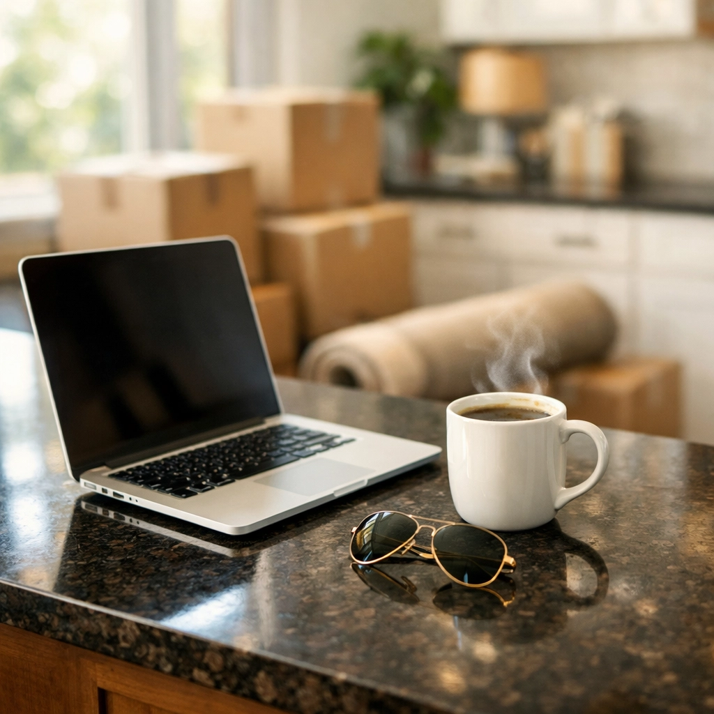 Laptop and moving boxes in a kitchen, representing an organized military PCS relocation to San Antonio.