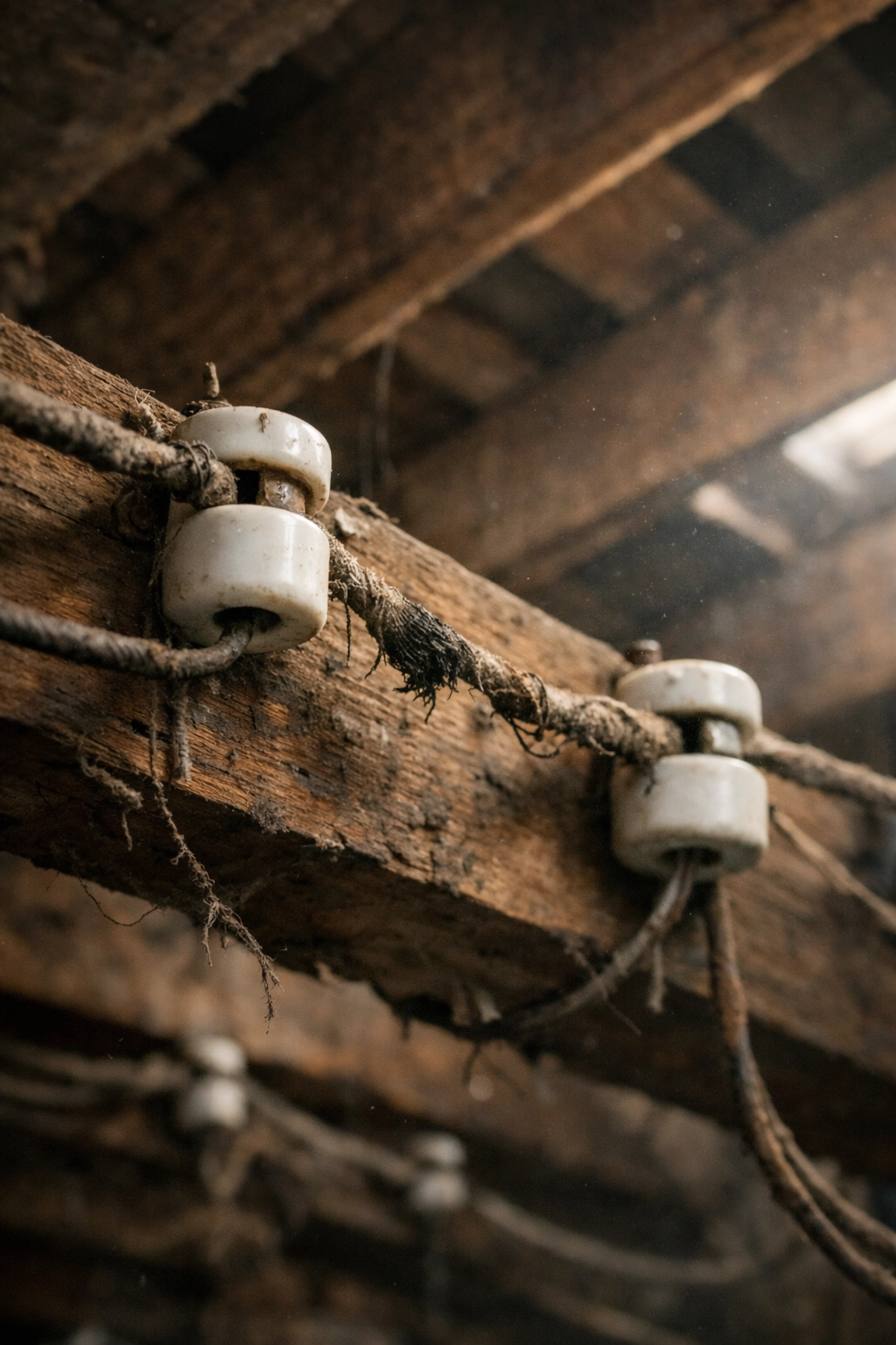 Exposed knob-and-tube wiring in attic revealing hidden electrical hazards