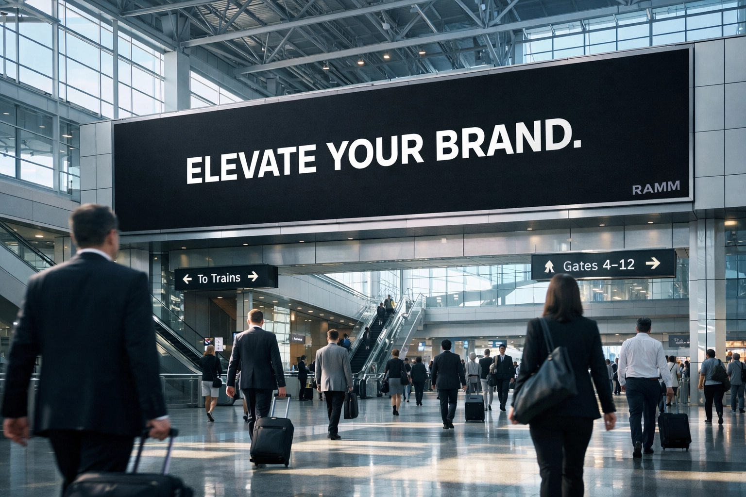 Large-scale digital billboard in an international transit hub showing programmatic advertisements for travelers.