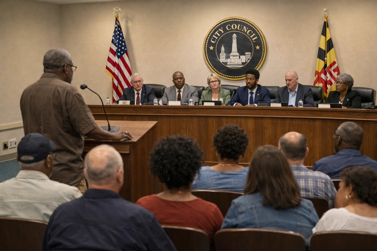 Public hearing setting showing Baltimore City Council-style civic participation