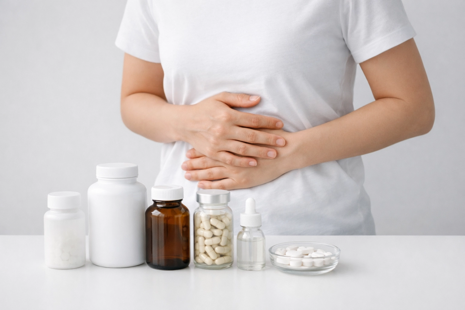 Person experiencing stomach discomfort with supplement bottles indicating over-supplementation