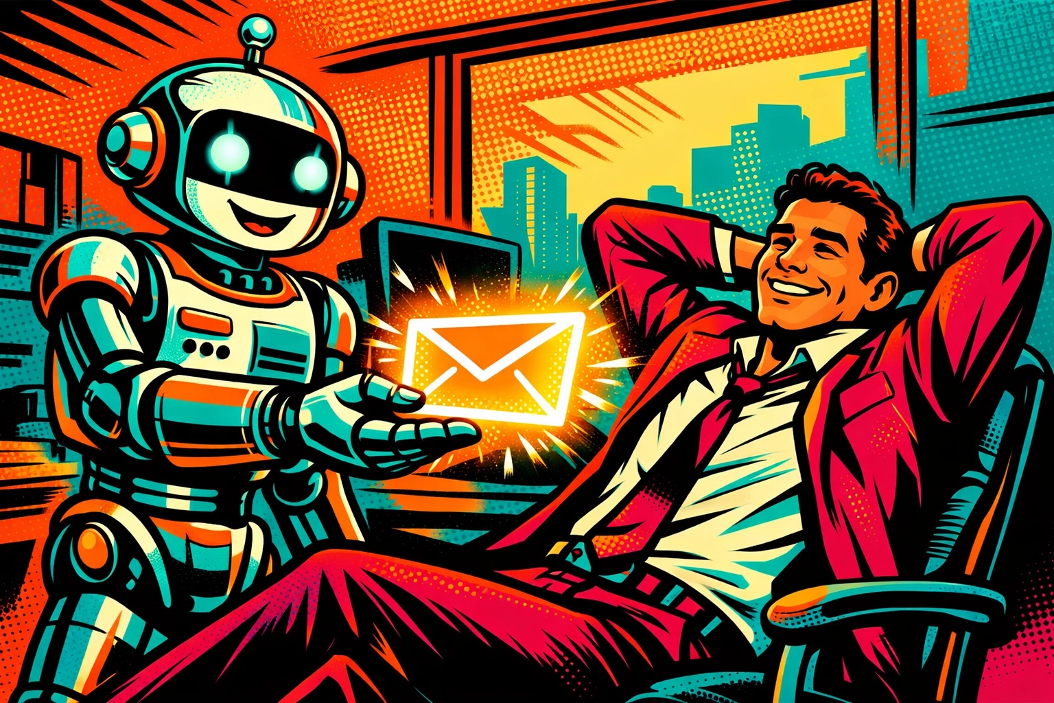 AI assistant robot helping a small business owner with workflow automation to save time on admin tasks.