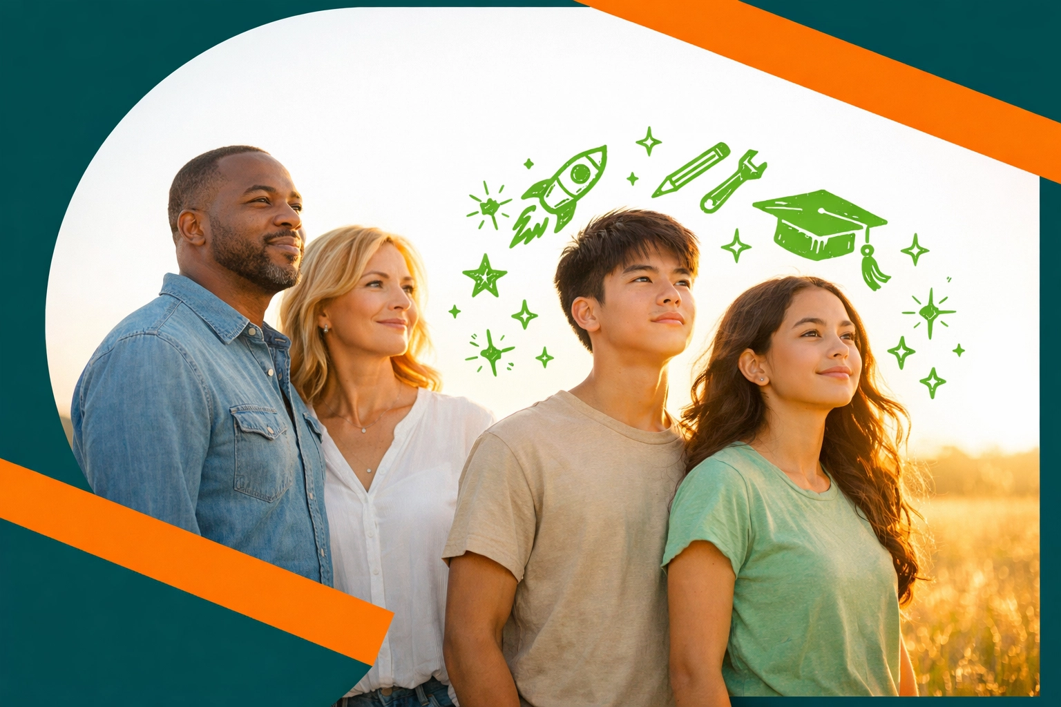 A confident family with teenagers looking toward the future with essential life skills and faith.