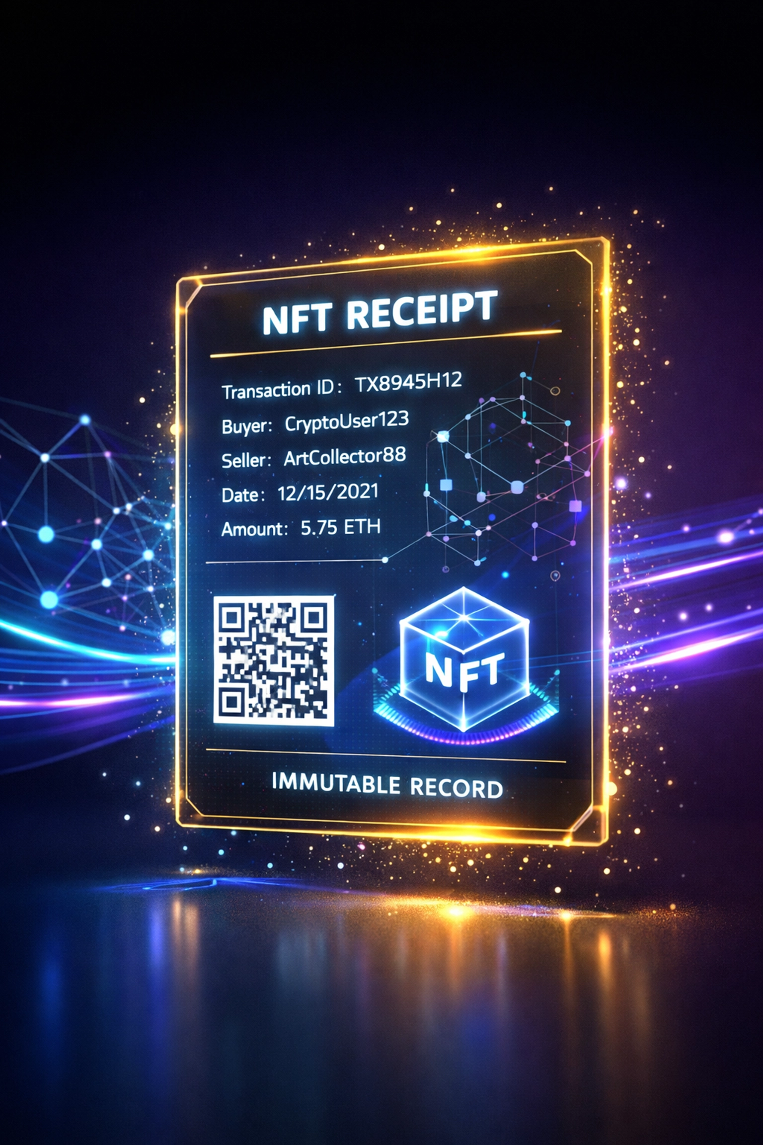 NFT receipt displaying blockchain transaction data for crypto payment accounting