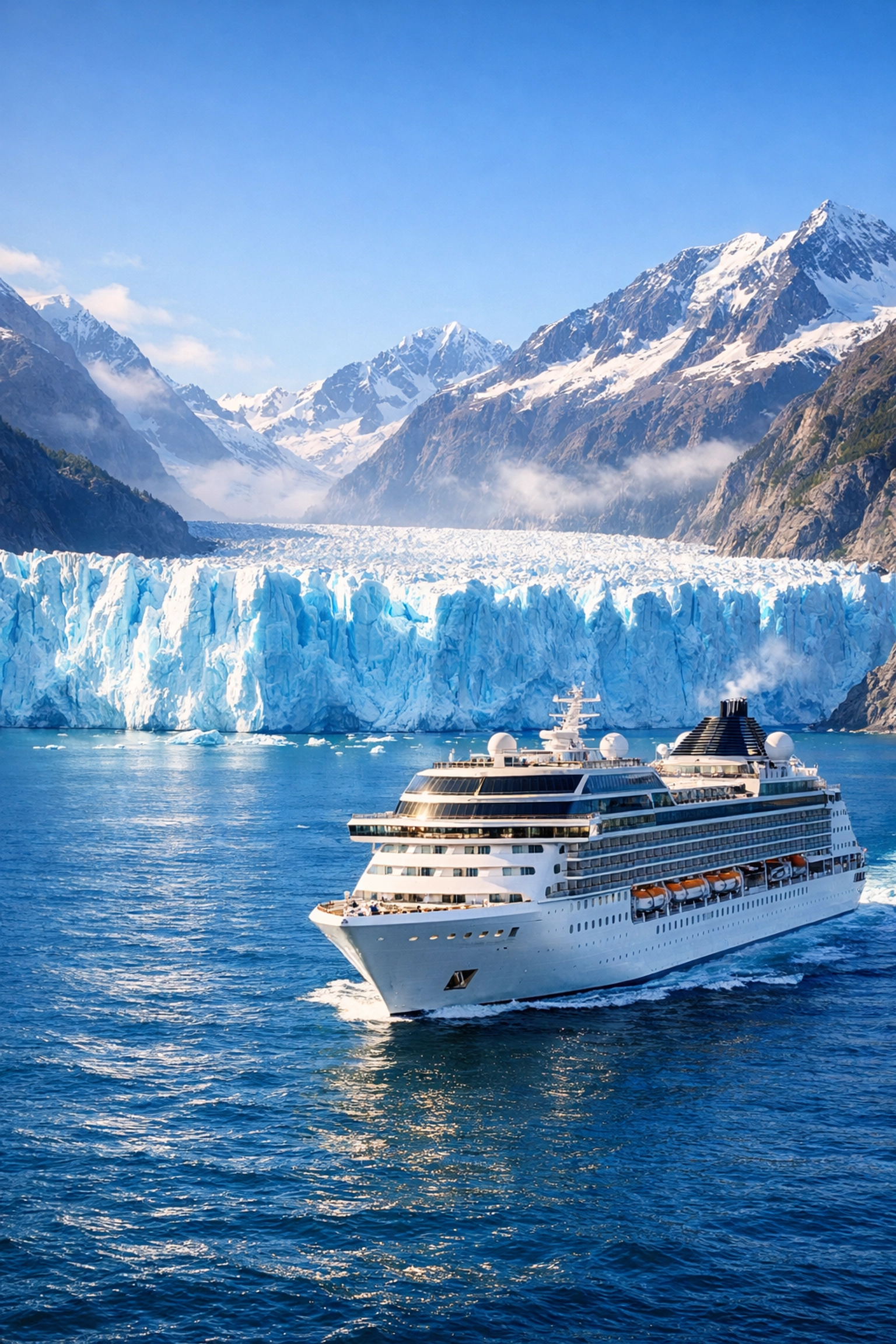 A luxury MSC cruise ship sailing past massive blue glaciers in a scenic Alaskan fjord.