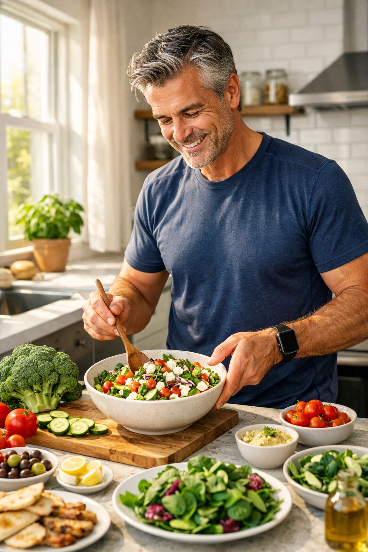 Man over 50 preparing Mediterranean diet meal for prostate health