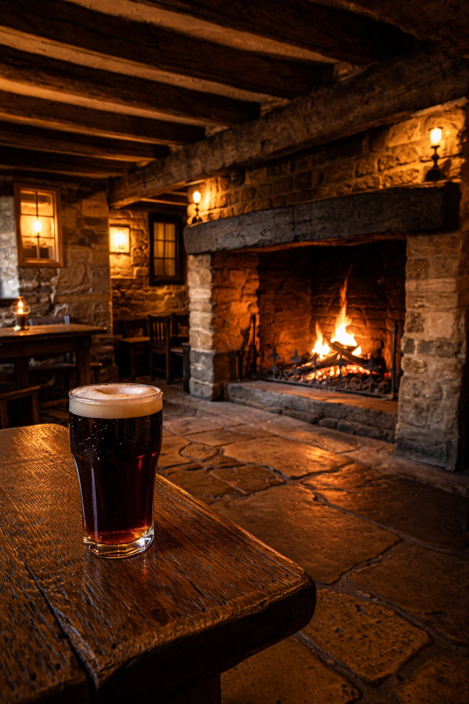 Interior of The Porch House, Stow-on-the-Wold, with ancient stone walls, fireplace, and a dark bitter, historic English pub experience