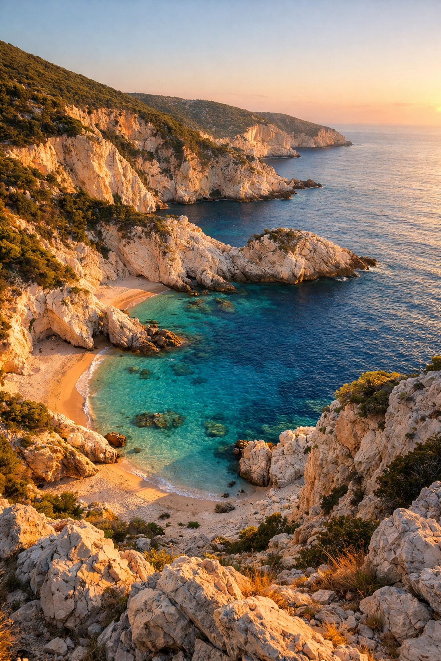 Hidden secluded coves and beaches along Naxos coastline with turquoise waters