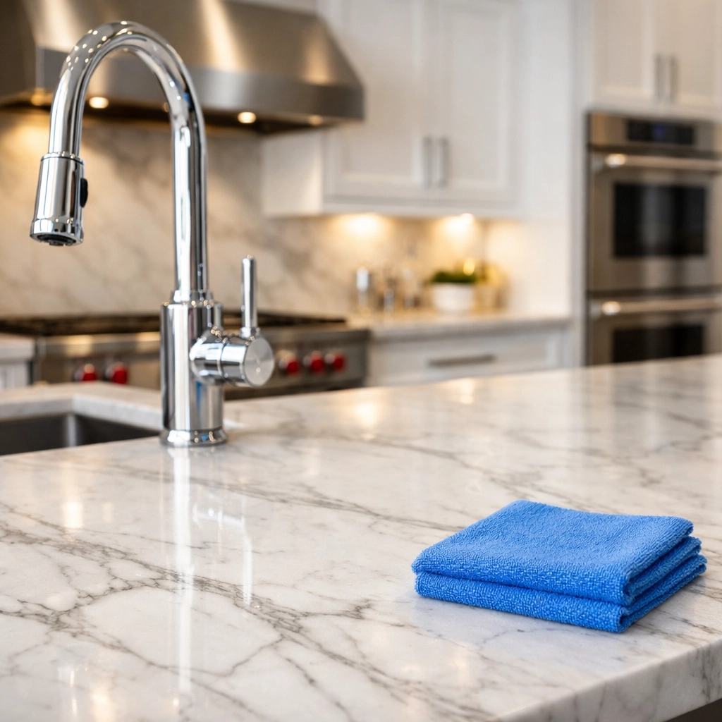 Deep cleaned kitchen with a sparkling marble island, showcasing professional Franklin residential cleaning results.