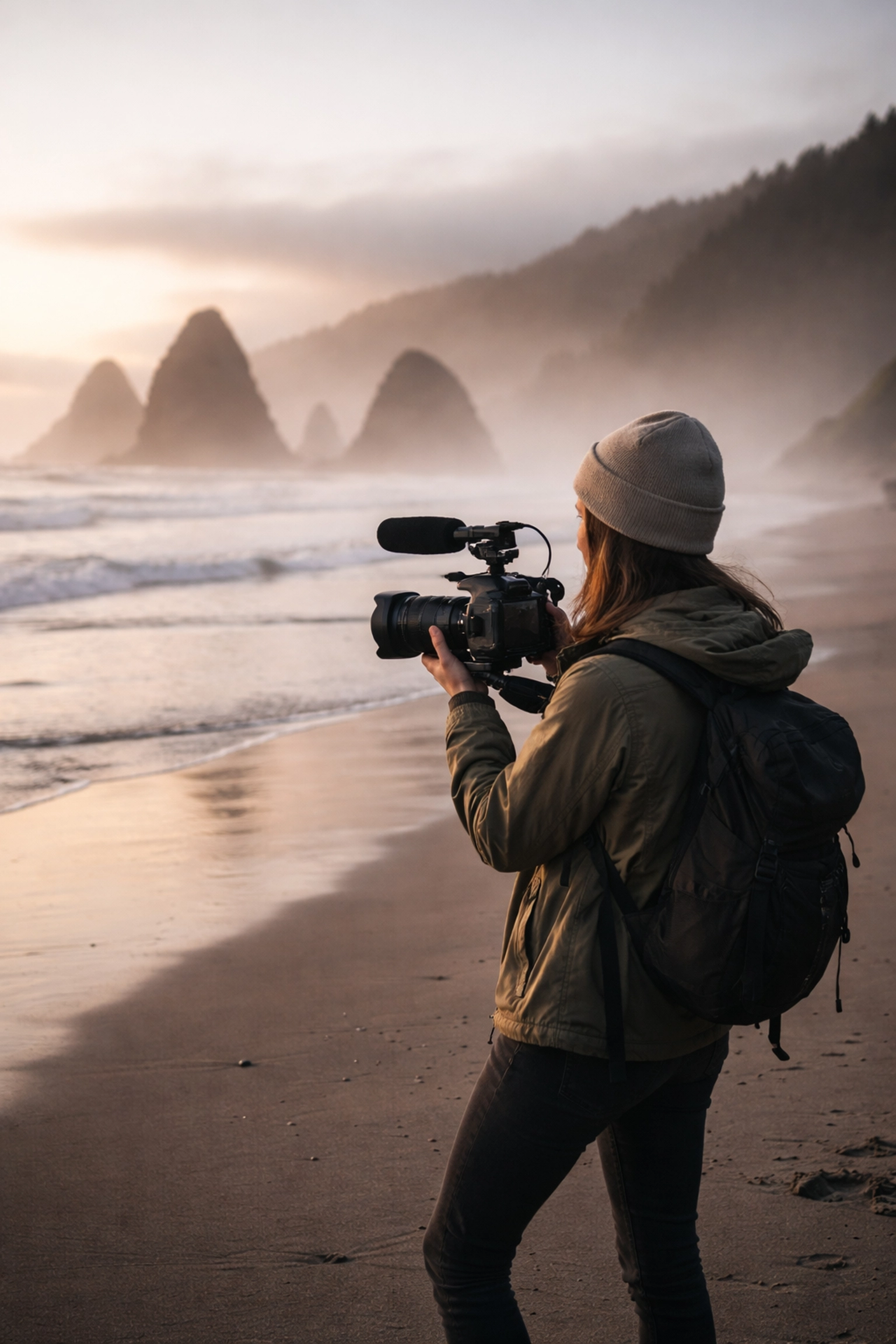Female wedding videographer filming at the misty Oregon coast at golden hour for an adventure elopement.