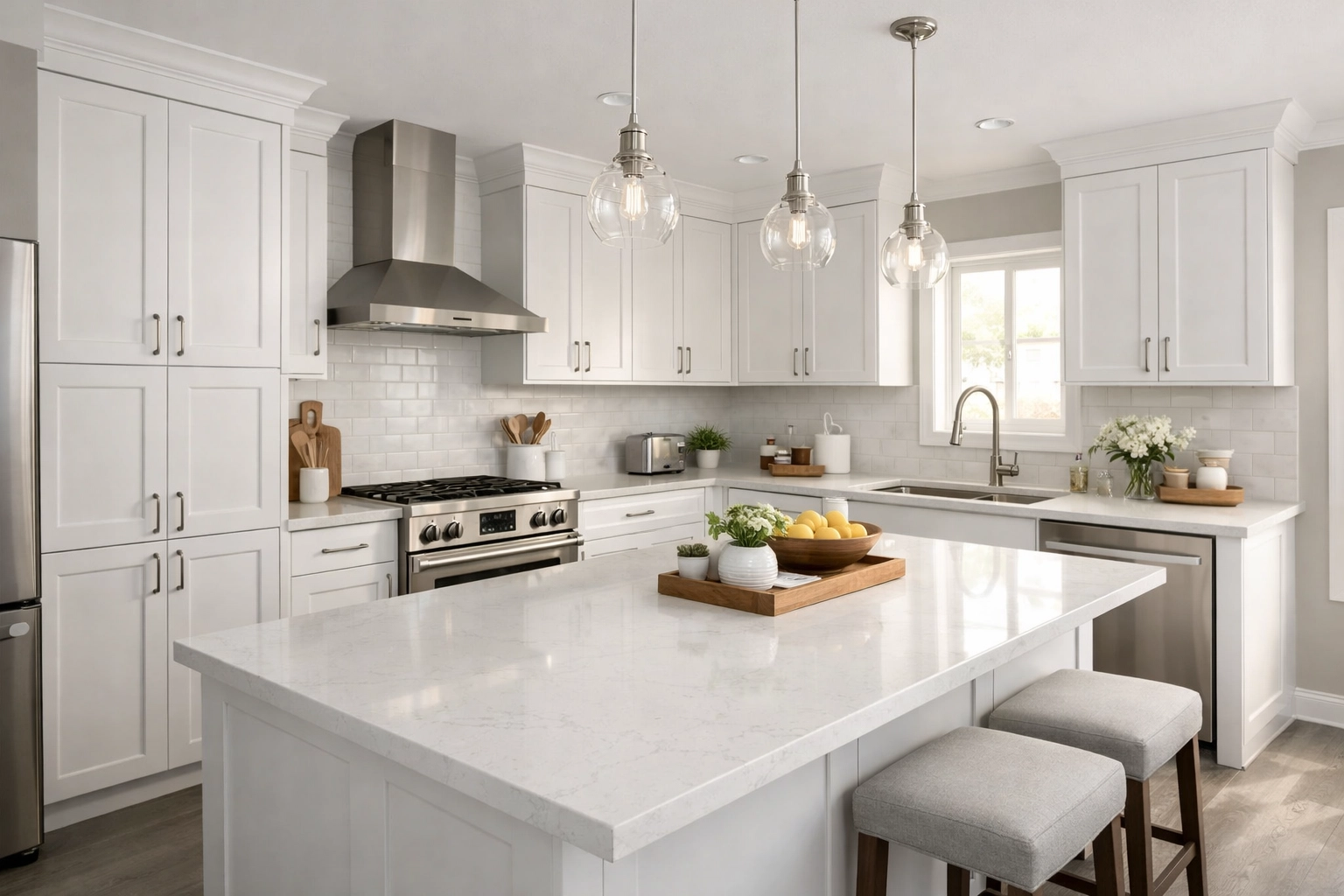 Modern Orlando kitchen remodel featuring white shaker cabinetry and a bright quartz countertop refresh.