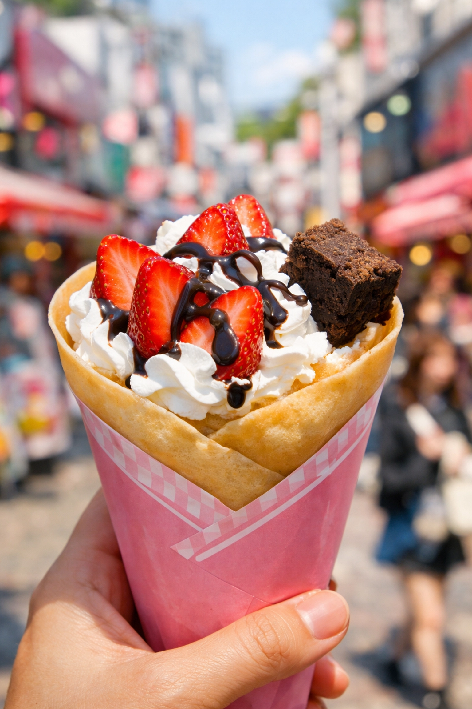 Iconic Harajuku crepe with fresh strawberries and cream, a top Tokyo street food photo spot.