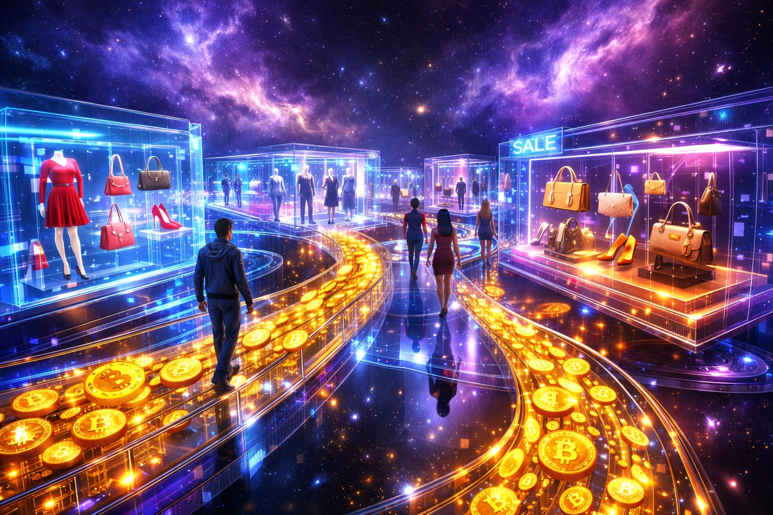 Virtual shopping mall in metaverse with crypto payments flowing between holographic stores and digital avatars