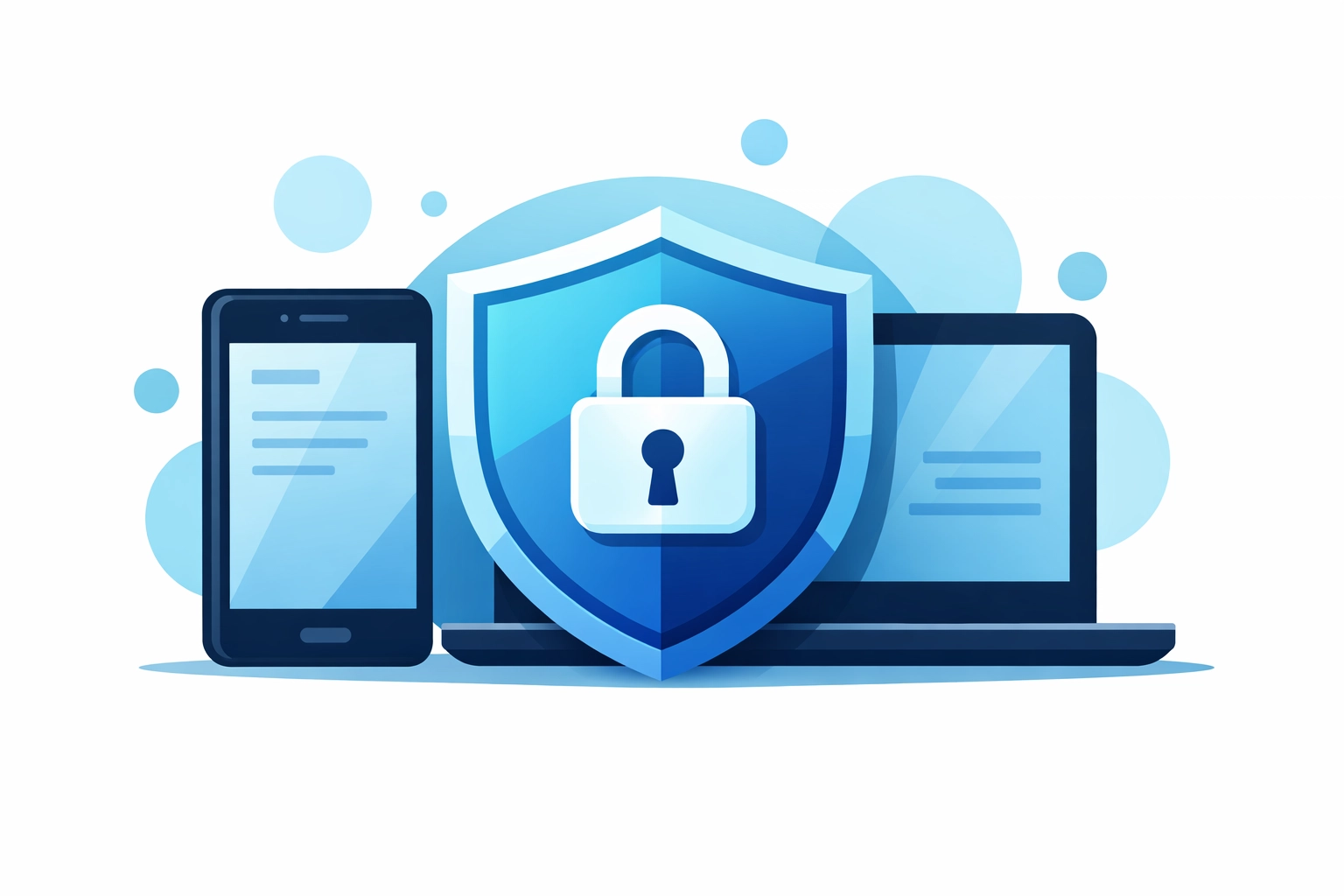 Protective digital shield over devices symbolizing cybersecurity and anti-spam filtering for local businesses.