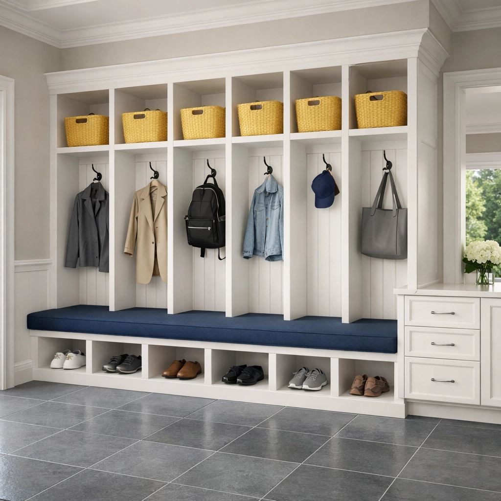 Organized luxury mudroom in an Easton estate reflecting the efficiency of a professional residential cleaning service.