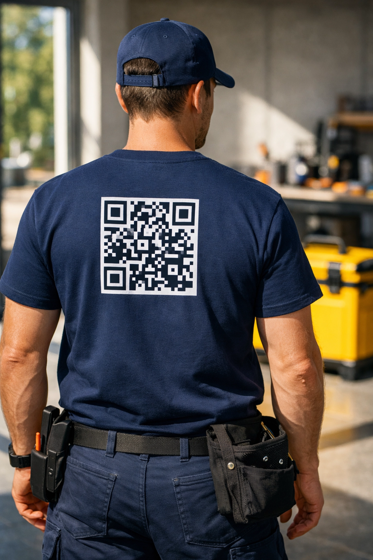 Service professional wearing a custom t shirt with a scannable QR code on the back to boost local SEO.