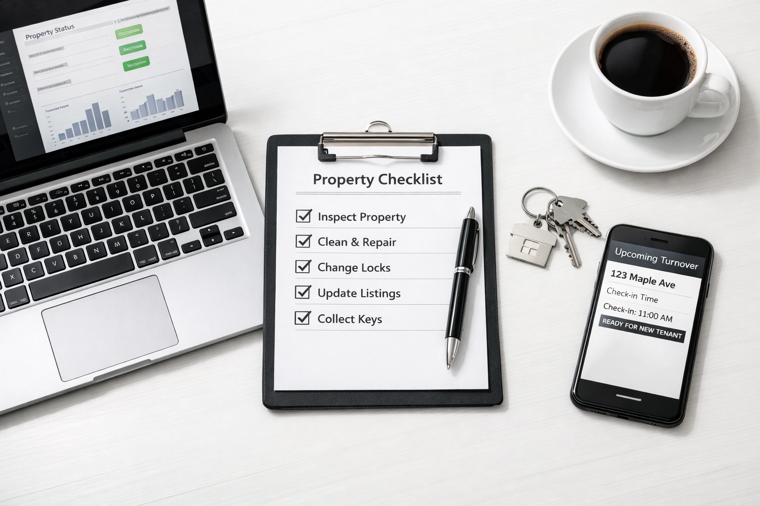 Property manager's organized workspace with turnover checklist and apartment keys