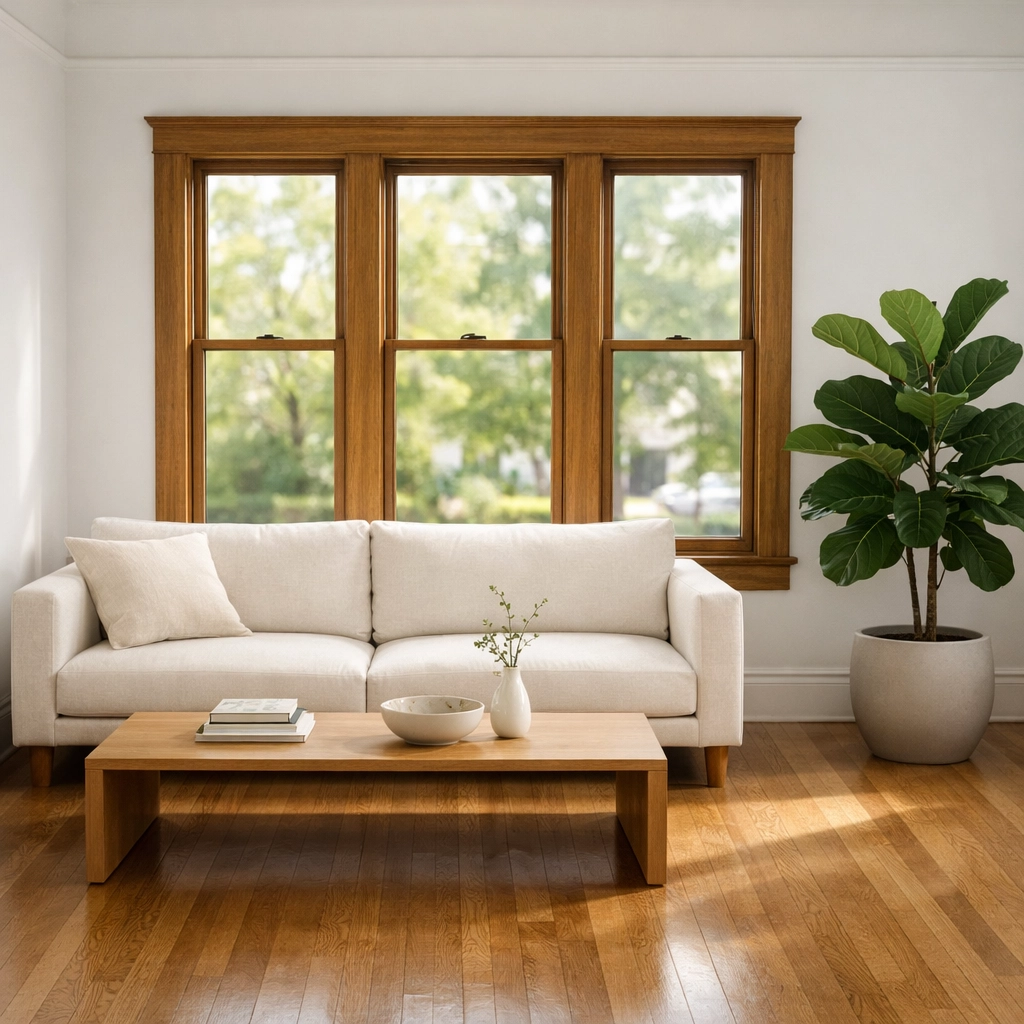 Minimalist living room in a historic Cleveland Heights duplex featuring large windows and hardwood floors.