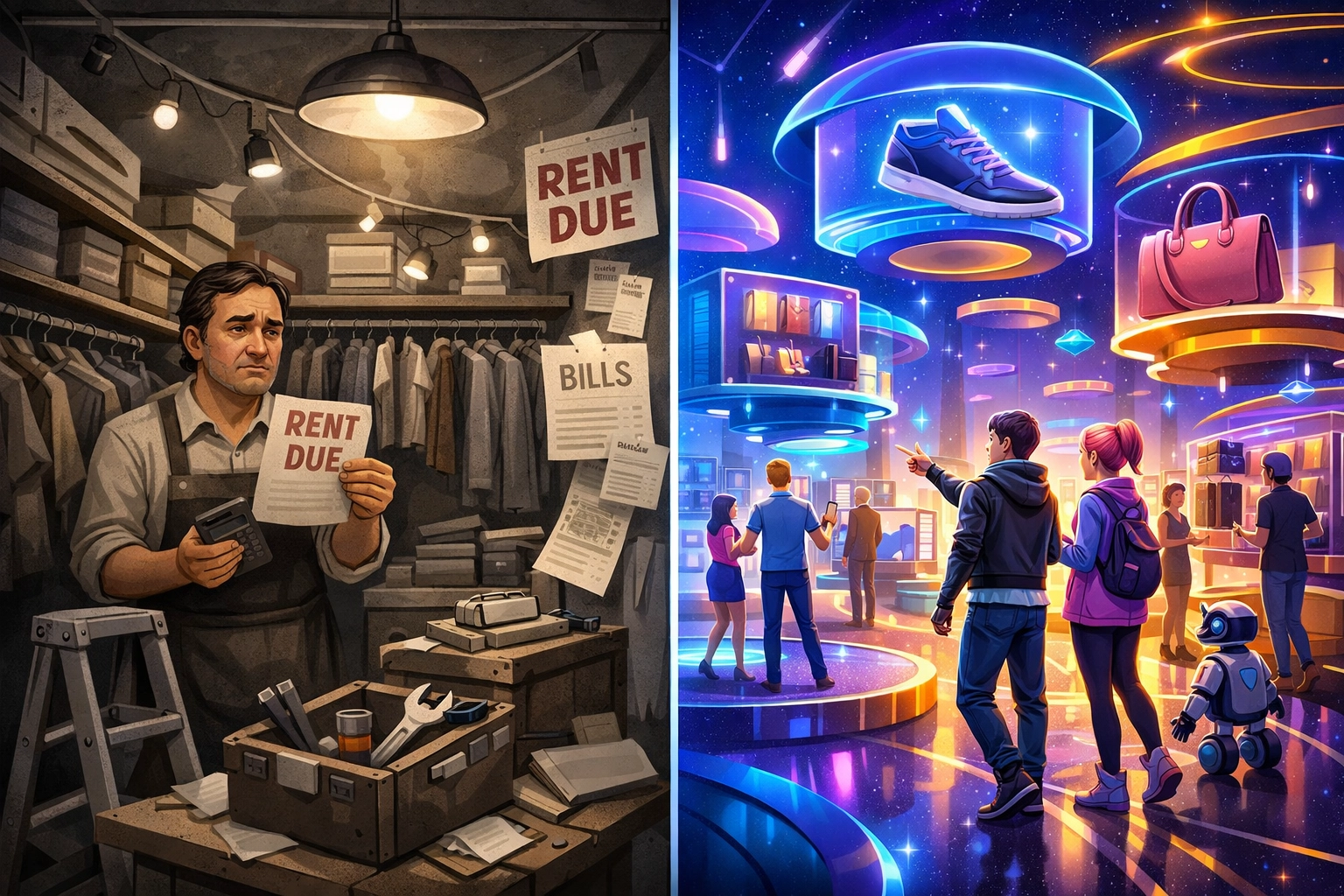 Traditional retail store versus vibrant metaverse virtual storefront comparison for small business