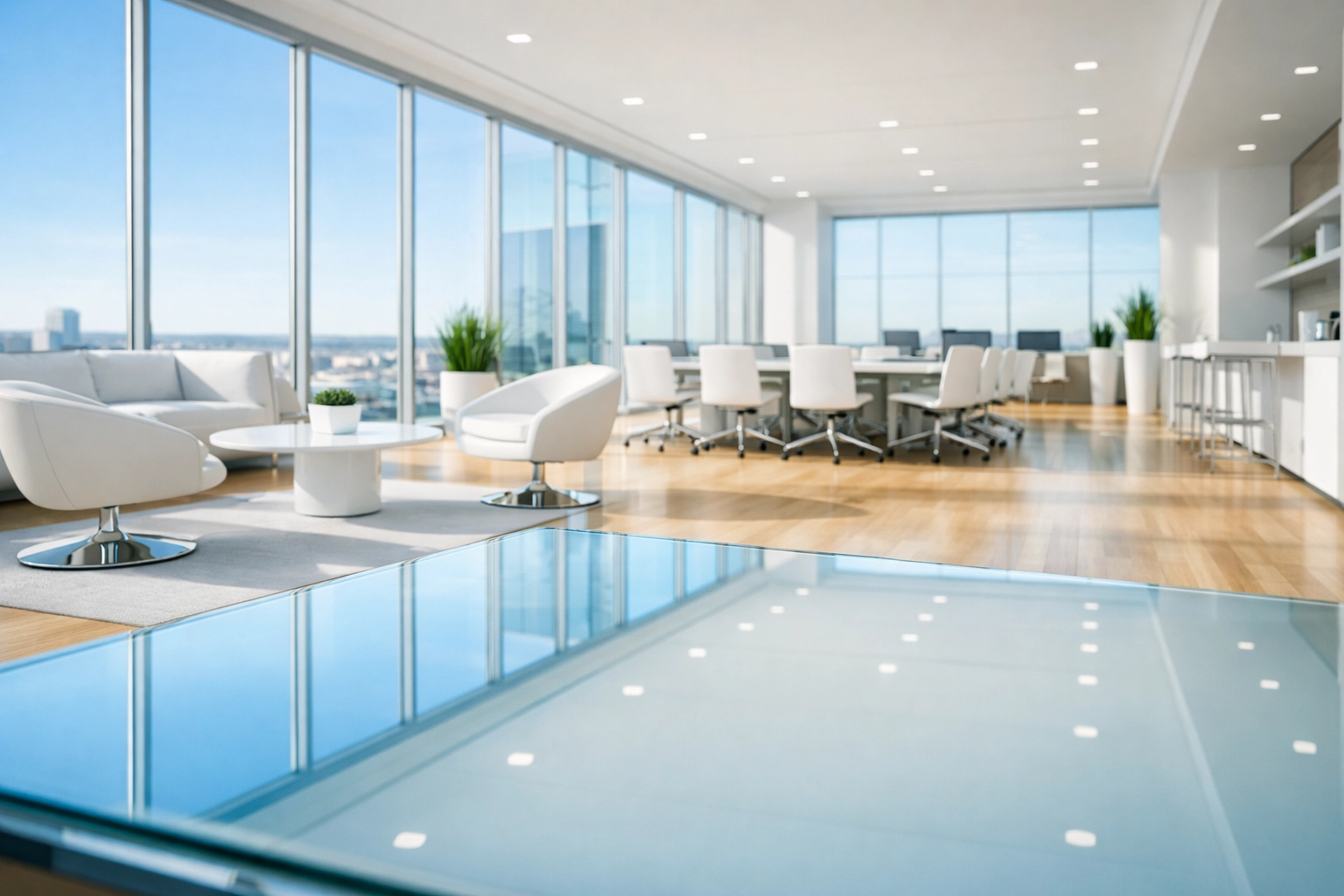 A spotless modern office in Quincy IL showcasing professional commercial cleaning services for team health.