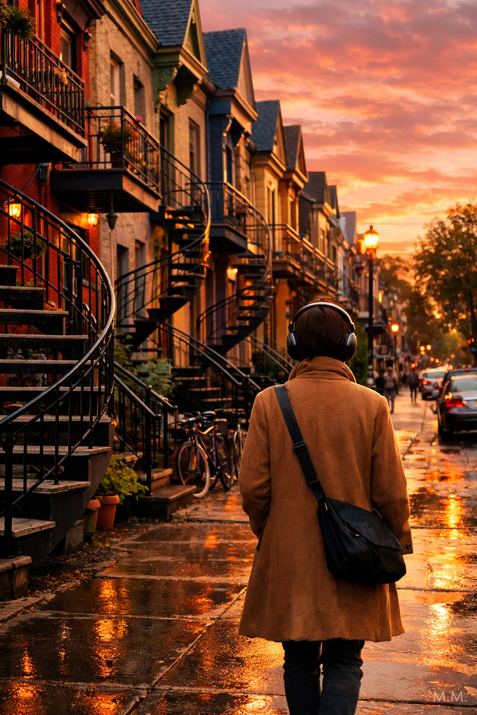 A person wearing headphones while walking past colorful houses and spiral staircases in the Montreal Plateau.